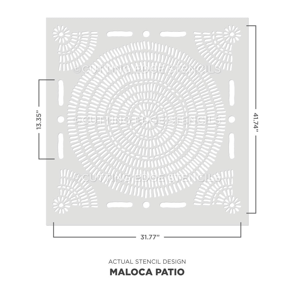 A stencil design diagram showing a square Maloca Patio stencil with circular and geometric cutout patterns. The image includes dimension labels in inches