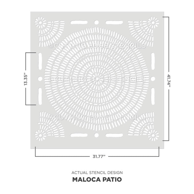A stencil design diagram showing a square Maloca Patio stencil with circular and geometric cutout patterns. The image includes dimension labels in inches