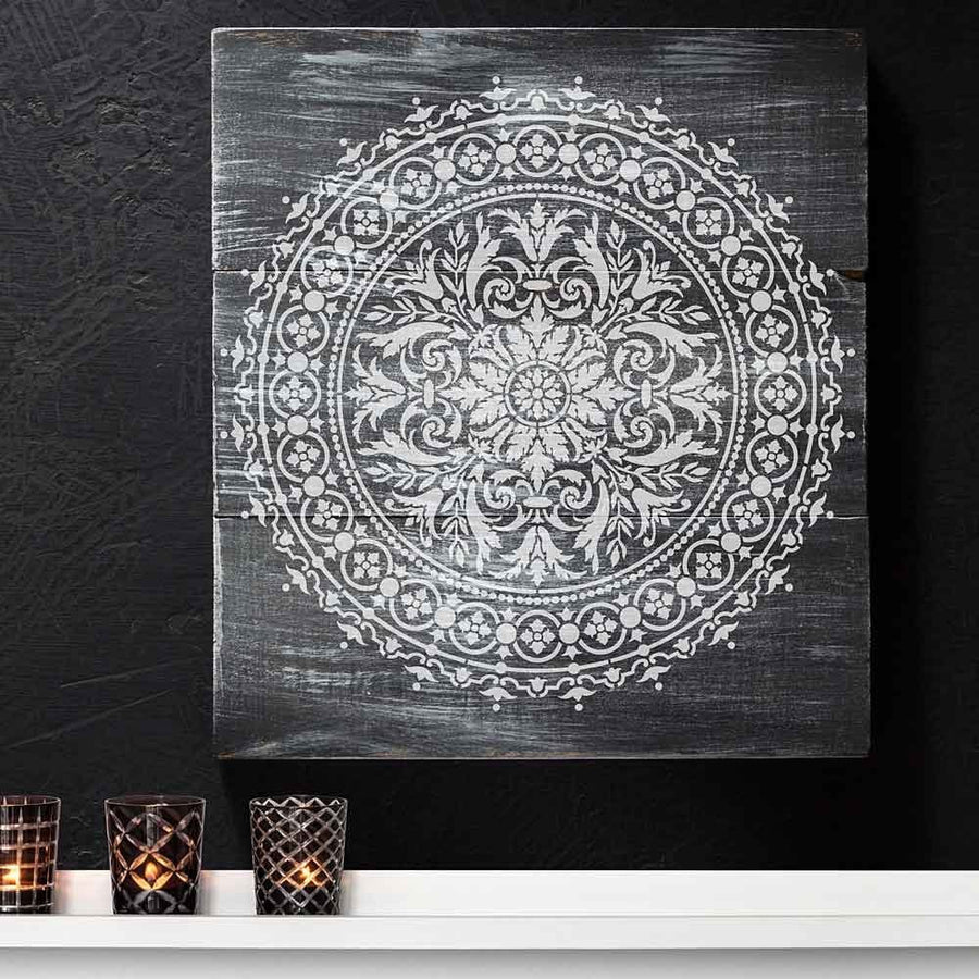 Mandala stencil reclaimed wood stenciled wall art