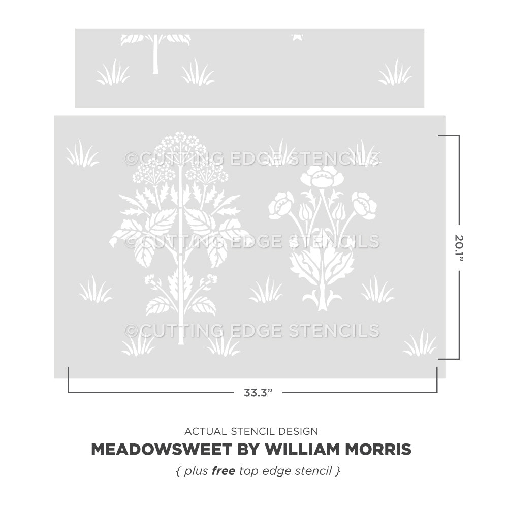Meadowsweet by William Morris stencil depiction with dimensions