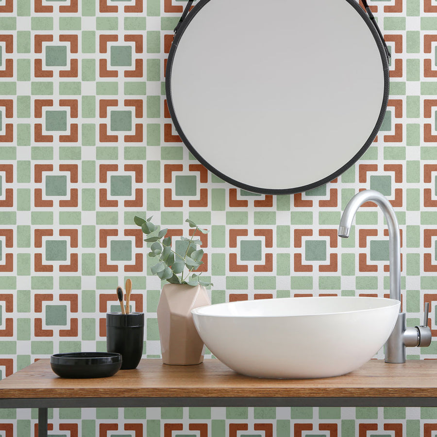 geometric wall stencil pattern on a bathroom wall