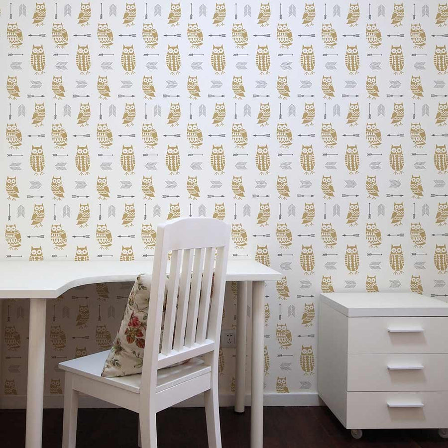 Owls-arrows-wall-pattern-stencil-wallpaper-kids-nursery