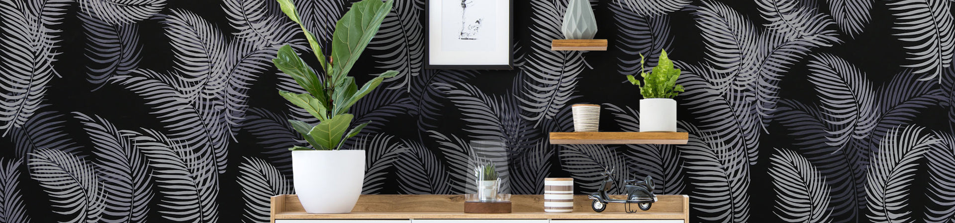 Dark wall with palm frond stencils