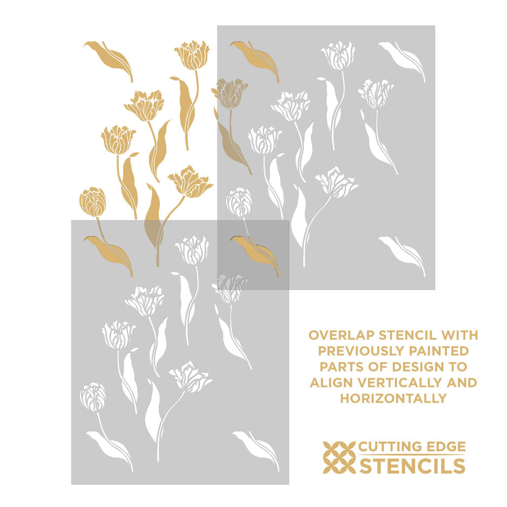 Floral stencil with gold and white flowers on a gray background, featuring 'Cutting Edge Stencils' branding.