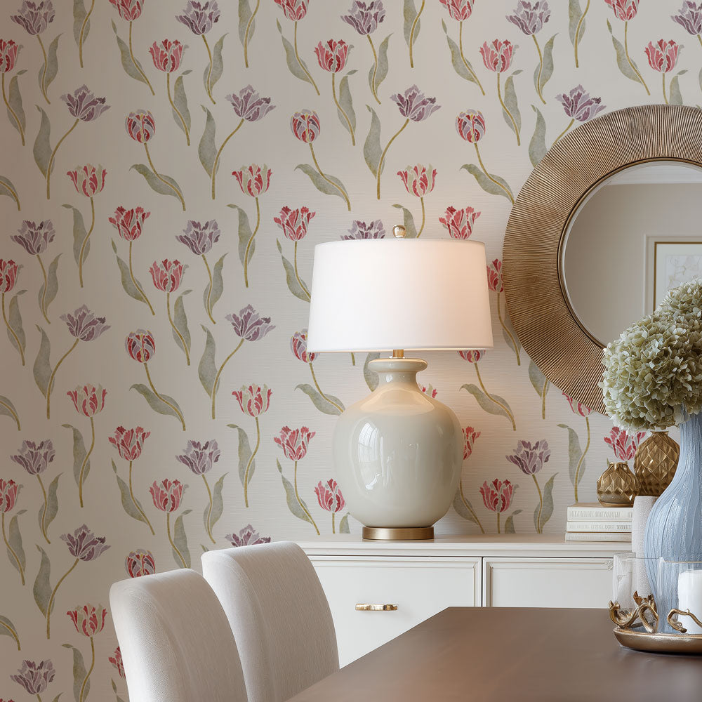 Dining room with floral tulip wall stencil table, chairs, and decorative items.