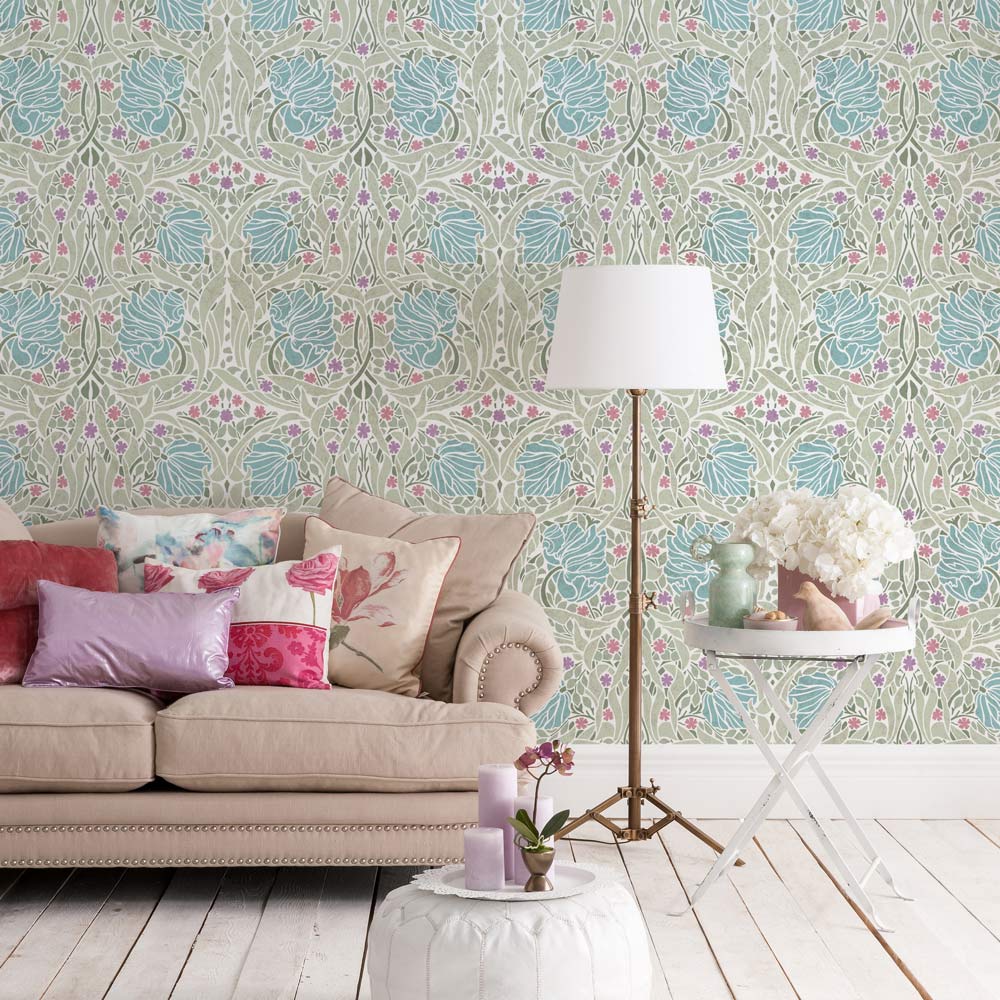 William Morris pimpernell wall stencil pattern on a wall in pastel spring colors
