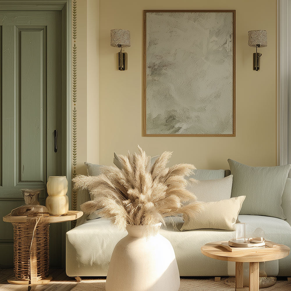 Tan living room with olive green stenciled border including a sofa, decorative pillows, and a vase with pampas grass.