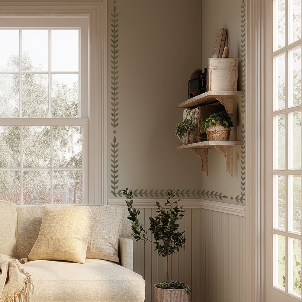 Rosemary Trim Border Stencil on a wall