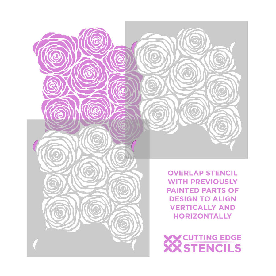 Rose pattern stencils with purple and white roses on a gray background, featuring Cutting Edge Stencils logo.