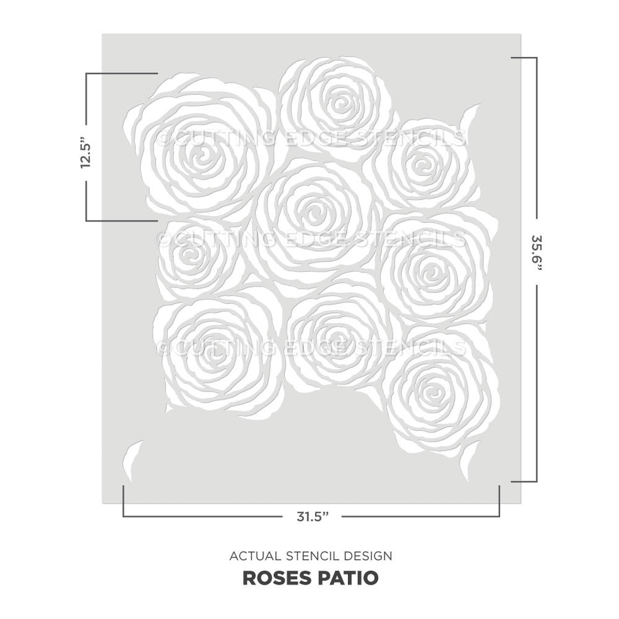 Rose patterned Patio stencil with dimensions on a white background