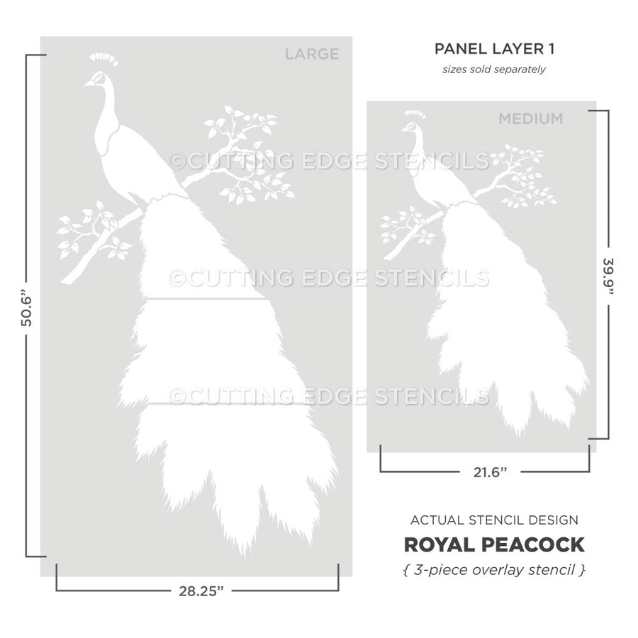 Two stencils of a peacock design with dimensions and brand name on a gray background