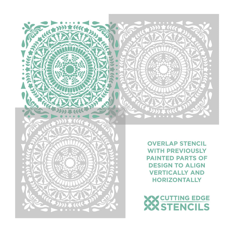 Three circular stencils with intricate patterns and a guide for using them from Cutting Edge Stencils.