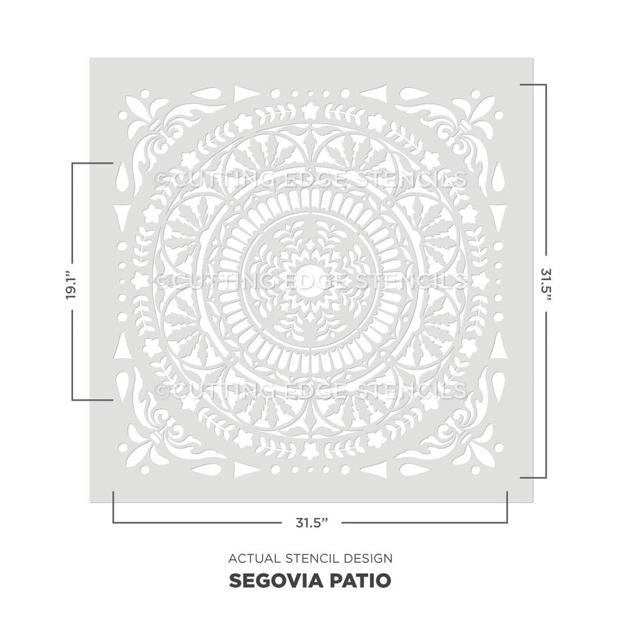 Segovia Patio stencil design with measurements on a white background