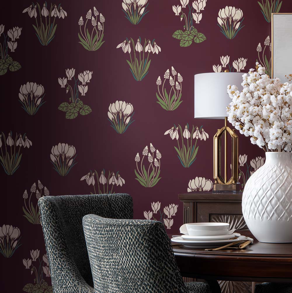 Spring Ephemerals four piece wall stencil kit featured on a dining room wall
