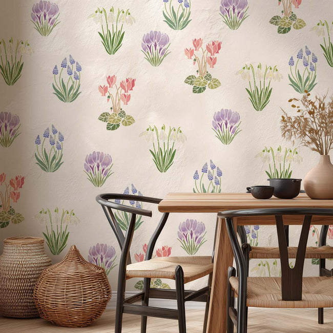 colorful Spring Ephemerals four piece wall stencil kit featured on a dining room wall