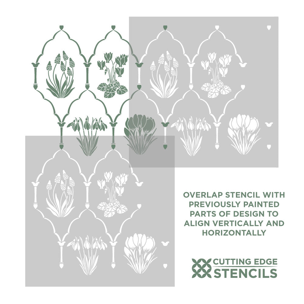 Overlap stencil with floral design on a gray background, featuring Cutting Edge Stencils logo.