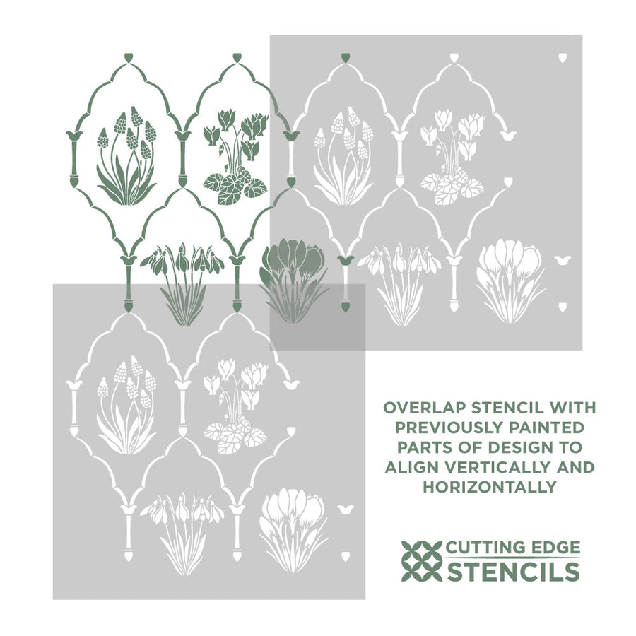 Overlap stencil with floral design on a gray background, featuring Cutting Edge Stencils logo.