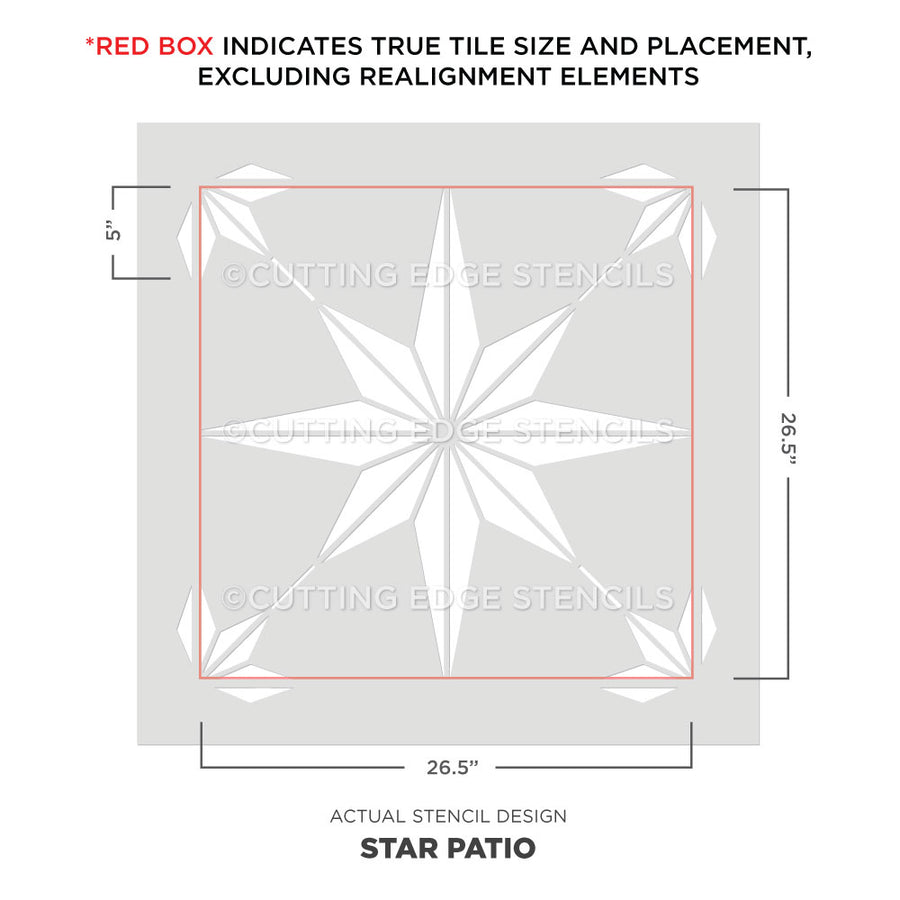Star-shaped stencil with dimensions and brand name on a white background