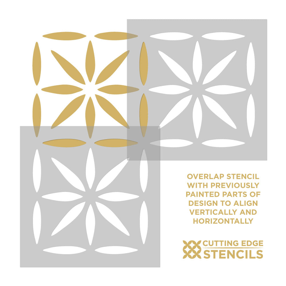 Decorative stencils with geometric patterns on a white background, featuring the brand 'Cutting Edge Stencils'.