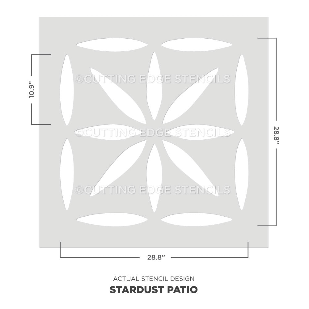 Stardust Patio stencil design with dimensions on a white background