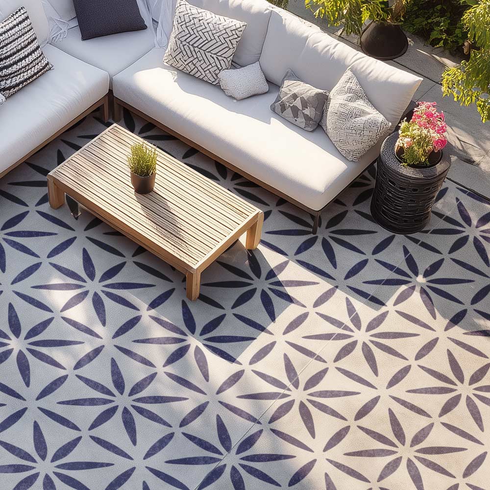 Outdoor patio with a sectional sofa, coffee table, and patterned floor.