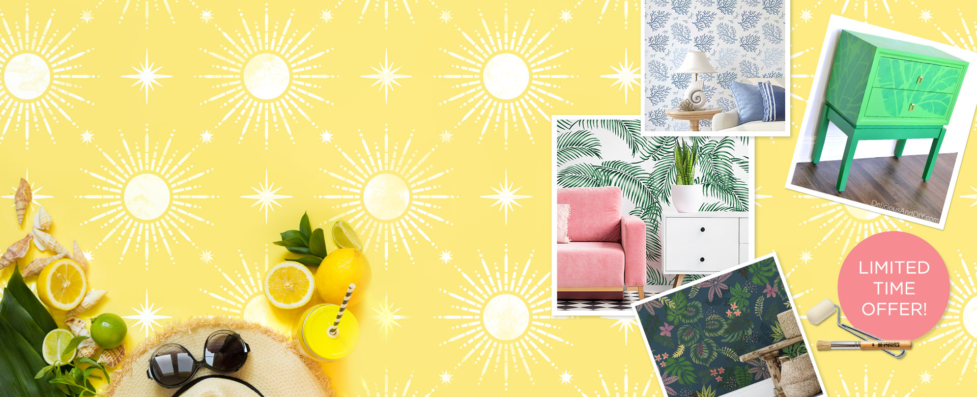 Collage of decorative items with a yellow stencil background featuring sun patterns.