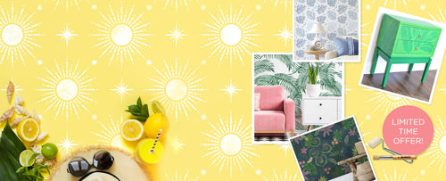 Collage of decorative items with a yellow stencil background featuring sun patterns.