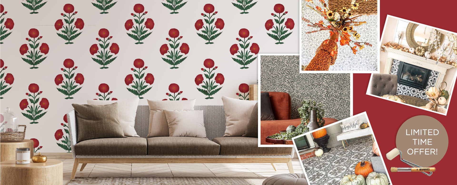 Collage of a living room with floral stenciled wall, sofa, and decorative items.