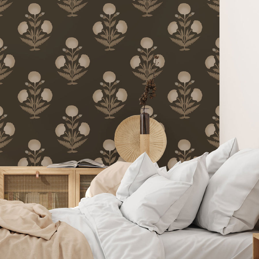 turkish poppy wall stencil dark block print floral bedroom wall