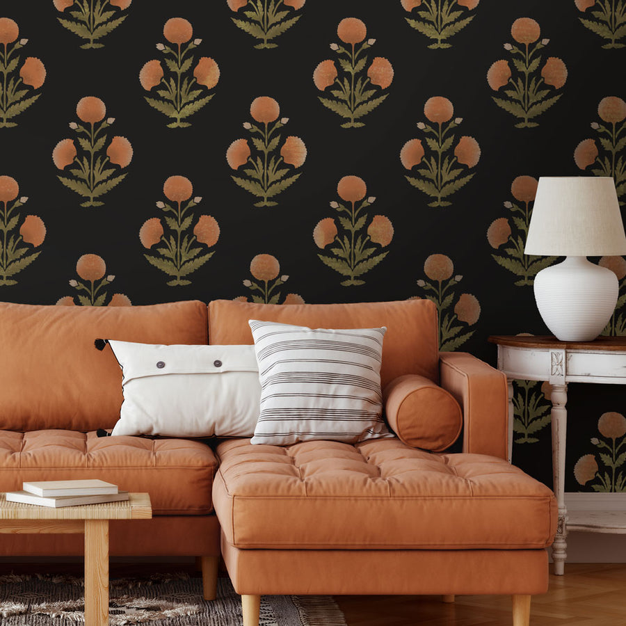 Dark wall stenciled with flowers poppy stencil