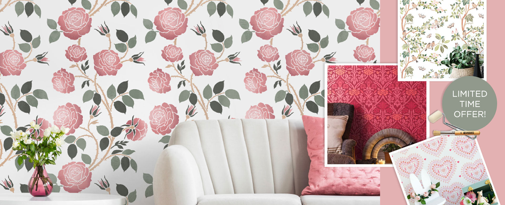 Floral wall stencil with pink flowers on a white wall, featuring a sofa and decorative items.