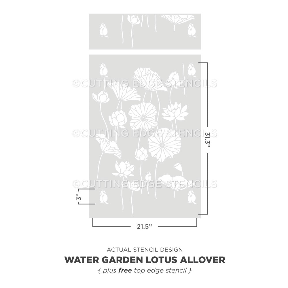 A stencil design preview for a water garden lotus allover stencil pattern, showing a rectangular stencil with white lotus flower and leaf motifs on a light gray background, plus dimension labels.