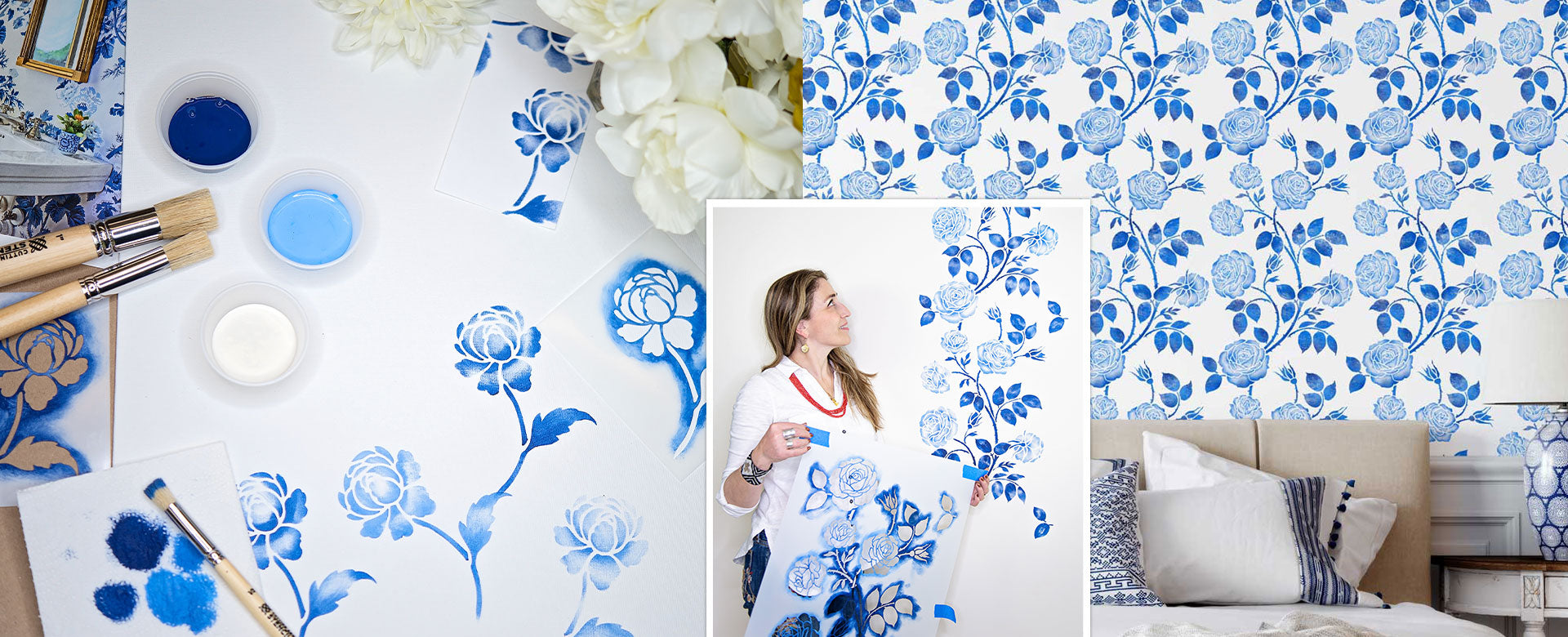Collage of blue floral stencil patterns on walls, with a woman looking at the wall and a room decorated with the stencil pattern.