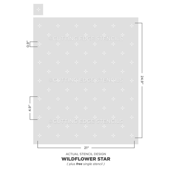 Wildflower Star stencil by Cutting Edge Stencils with dimensions on a white background