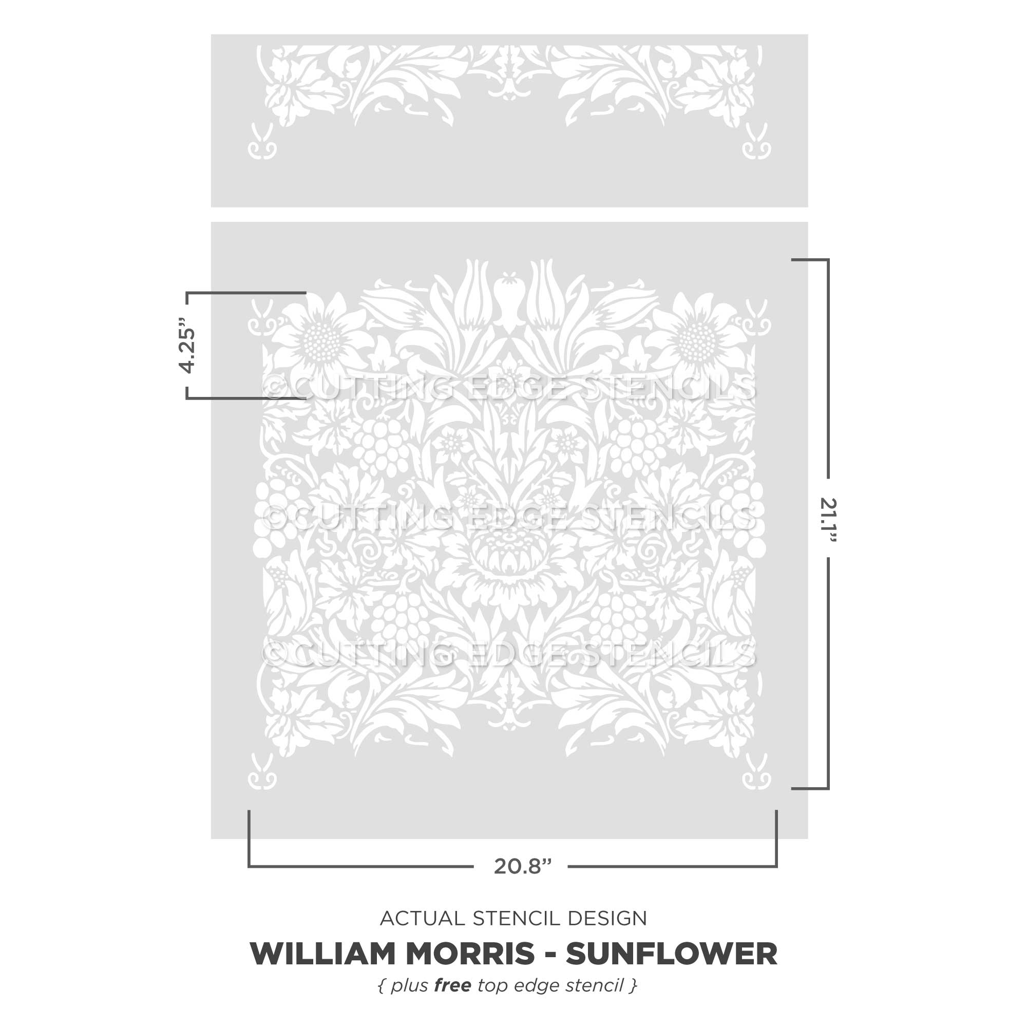 William Morris Sunflower stencil design with dimensions on a gray background
