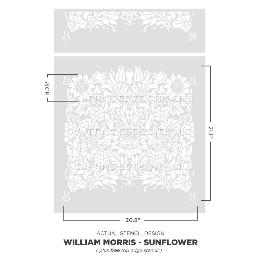 William Morris Sunflower stencil design with dimensions on a gray background