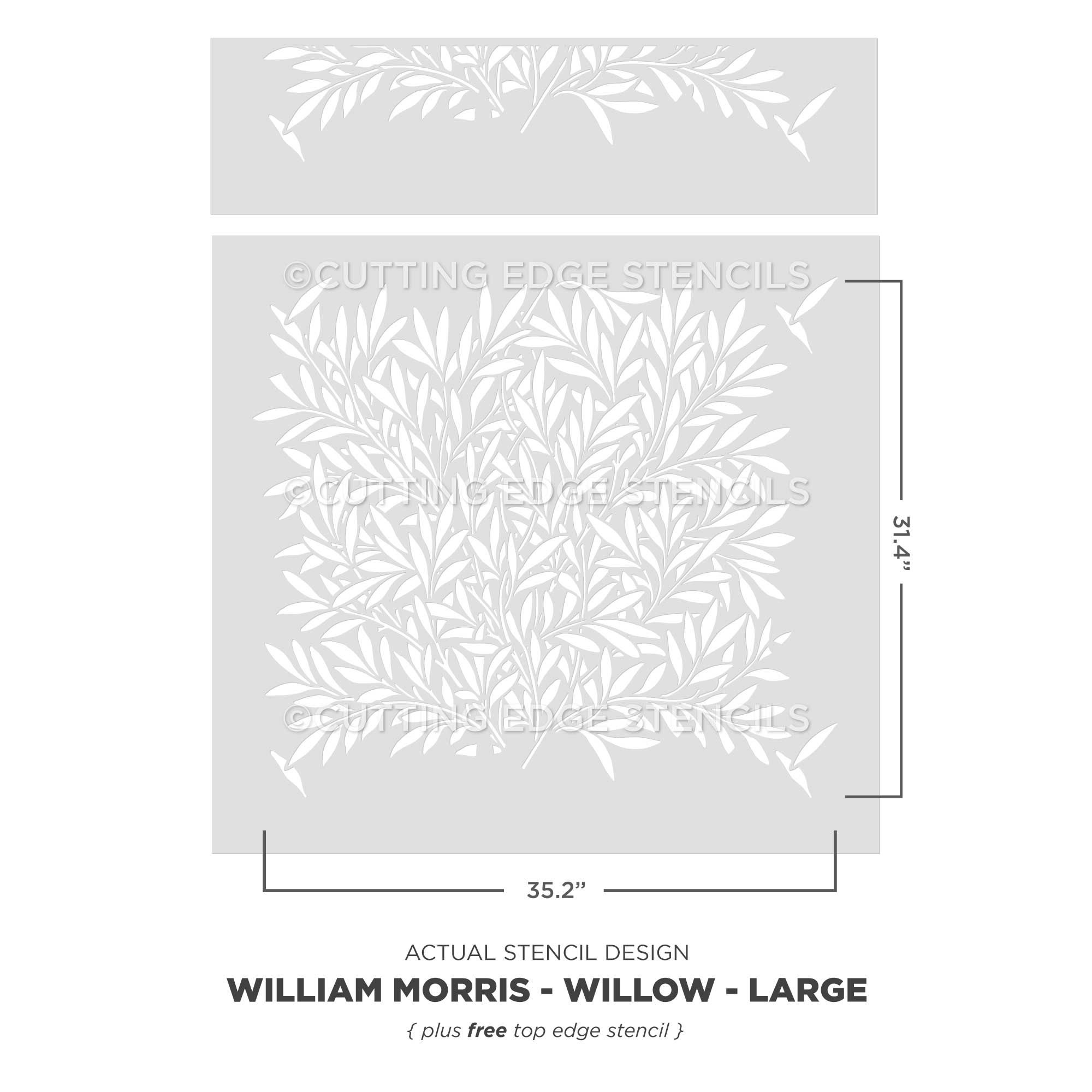William Morris Willow stencil by Cutting Edge Stencils with dimensions on a white background
