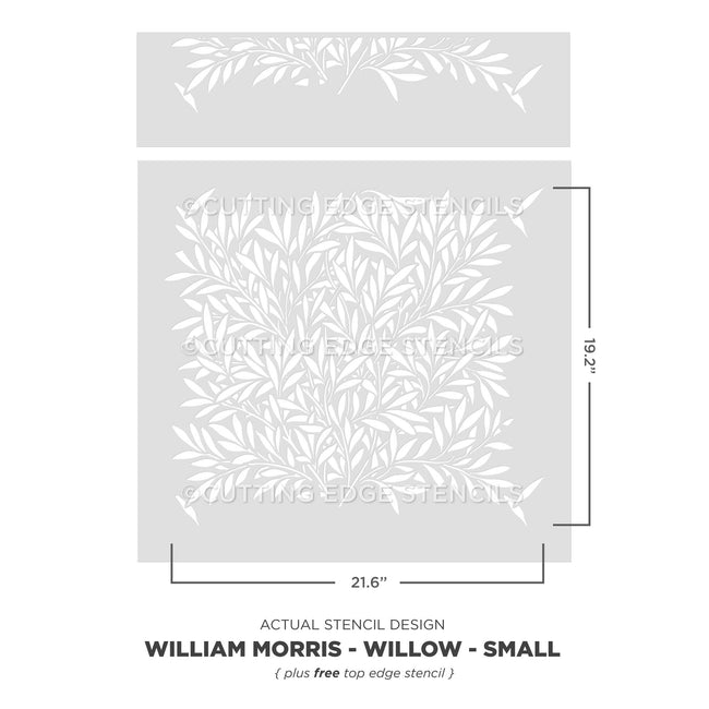 William Morris Willow stencil with dimensions on a white background
