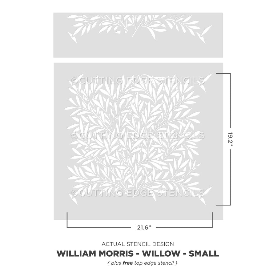 William Morris Willow stencil with dimensions on a white background
