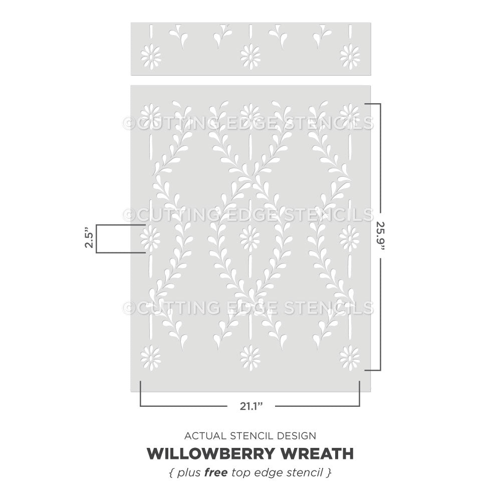Willowberry Wreath wall stencil with dimensions on a white background
