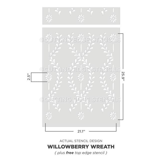 Willowberry Wreath wall stencil with dimensions on a white background