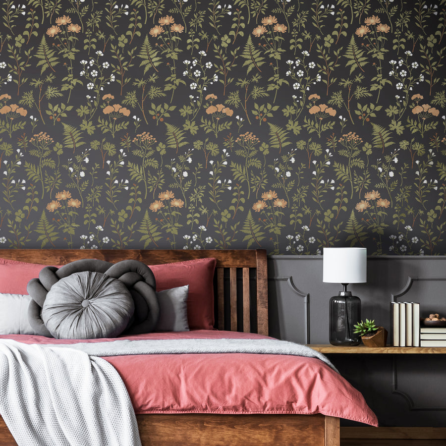 woodland botanicals wall stencil in dark moody colors