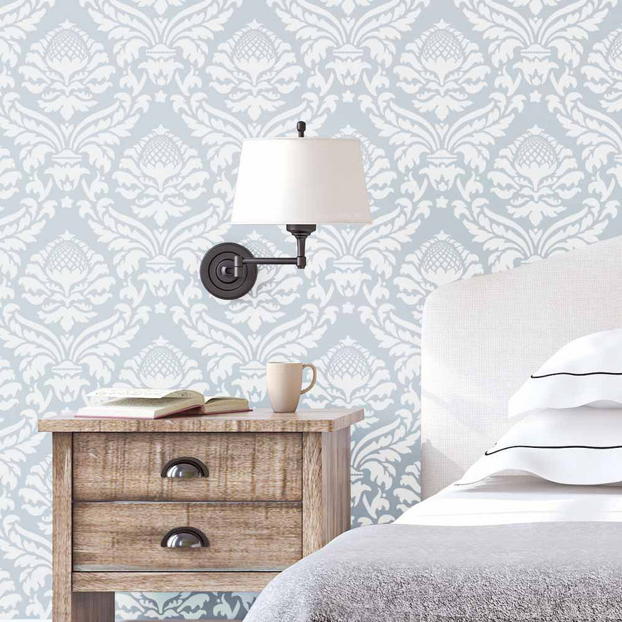 Abundance damask bedroom wall stencil in white