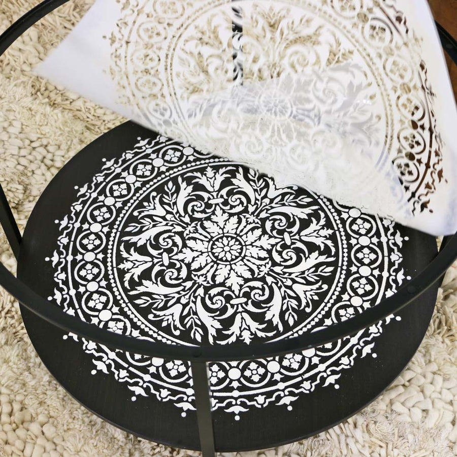 Abundance Mandala Stenciled Table reveal in white
