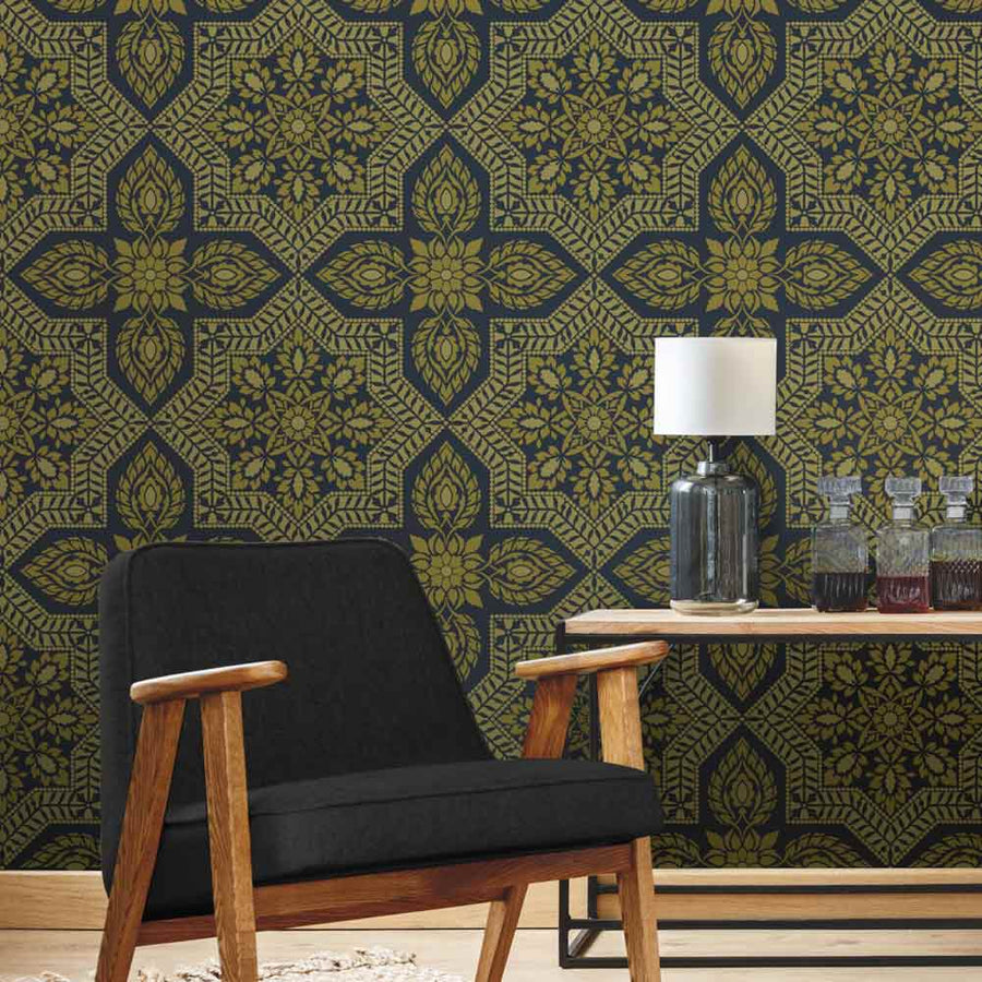 Alhambra Tile Stenciled Wall in Gold and Black
