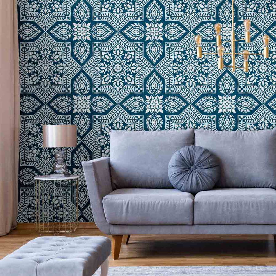 Alhambra Tile Stenciled Modern 
Living Room Wall