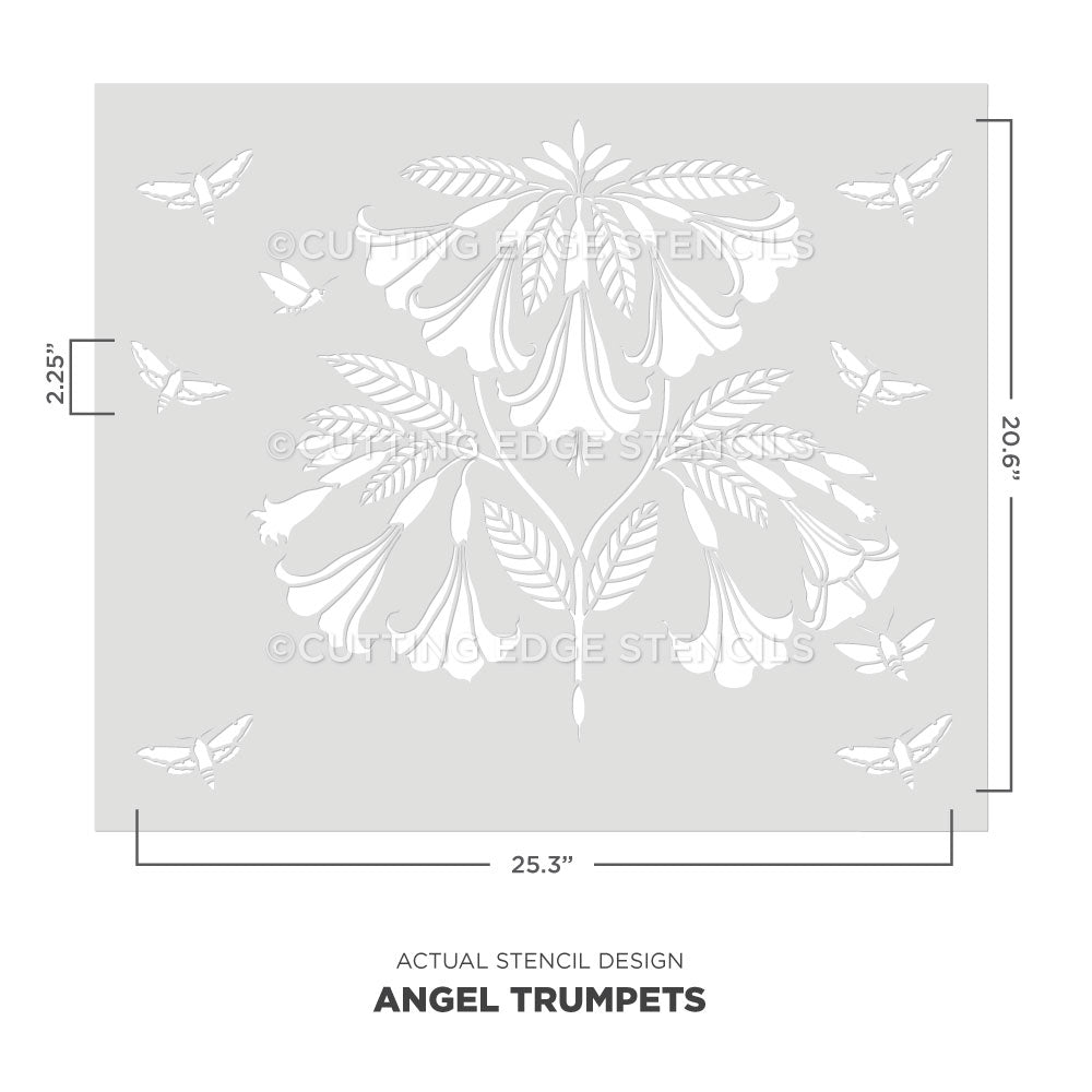 Cutting Edge Stencils Angel Trumpets stencil with dimensions on a white background