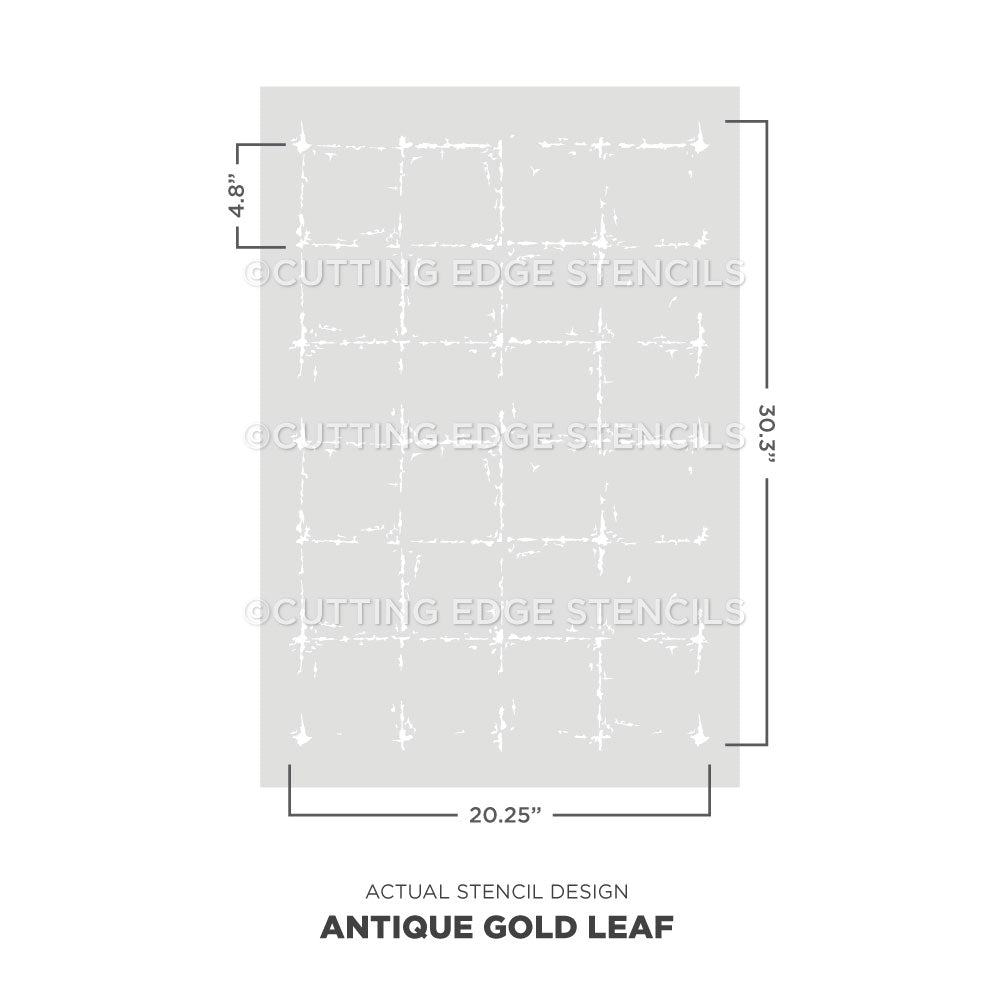 Stencil design for 'Antique Gold Leaf' with dimensions on a white background