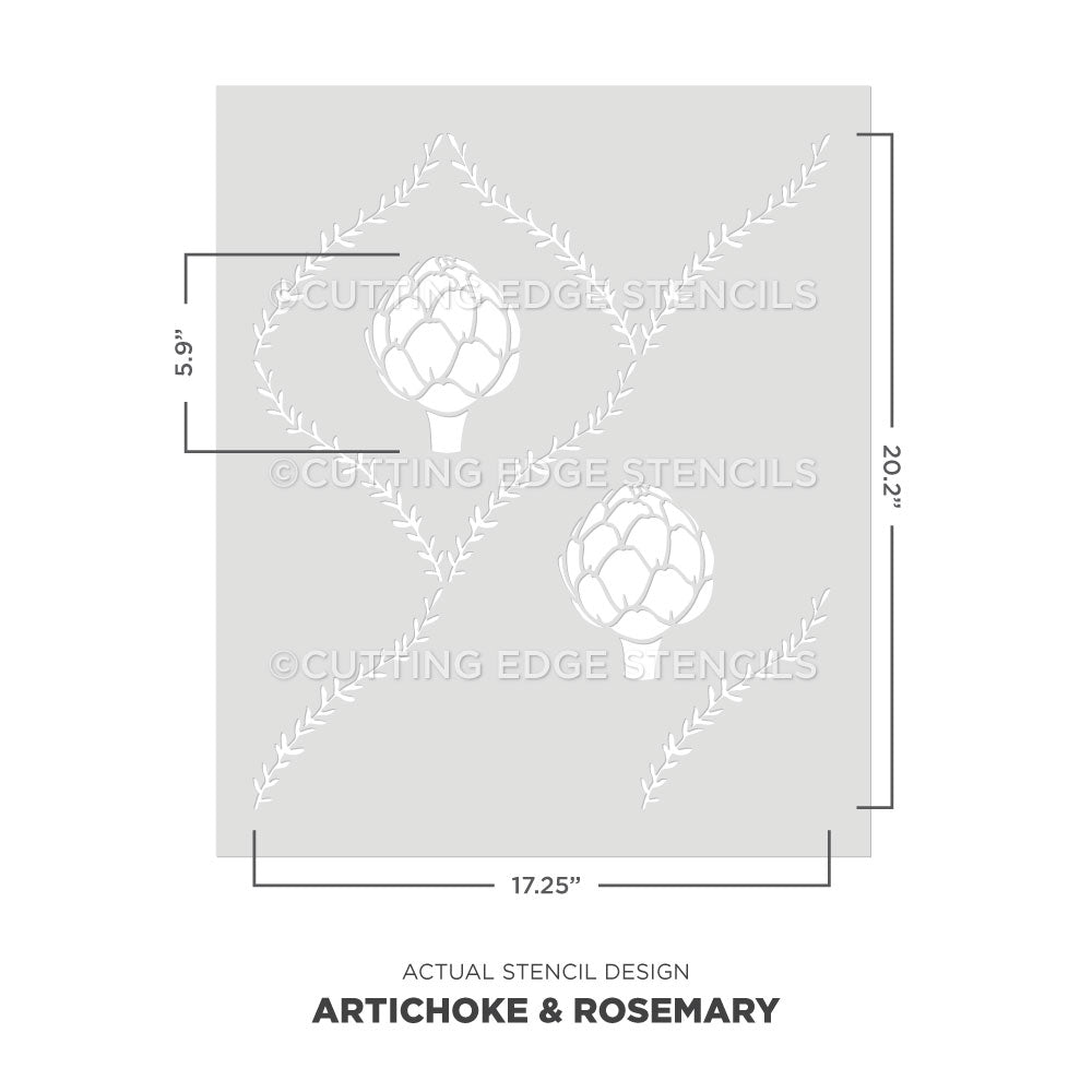 Cutting Edge Stencils artichoke and rosemary stencil with dimensions on a white background