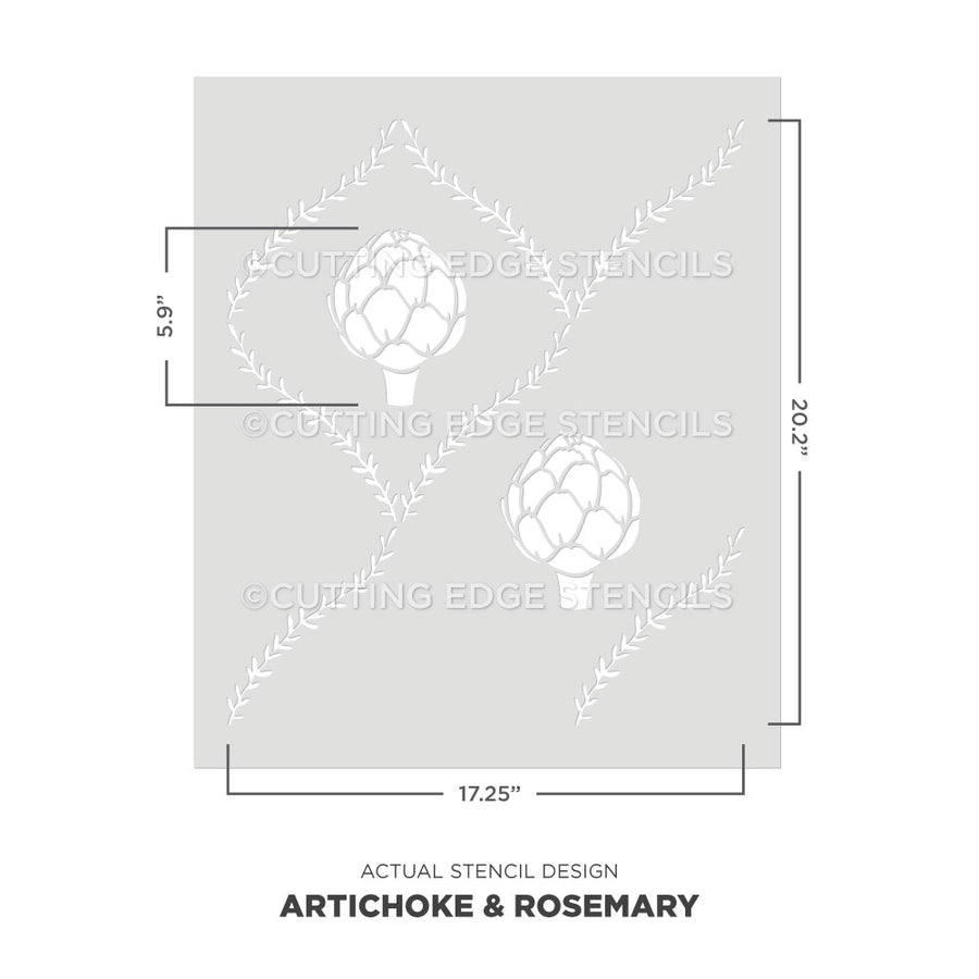 Cutting Edge Stencils artichoke and rosemary stencil with dimensions on a white background